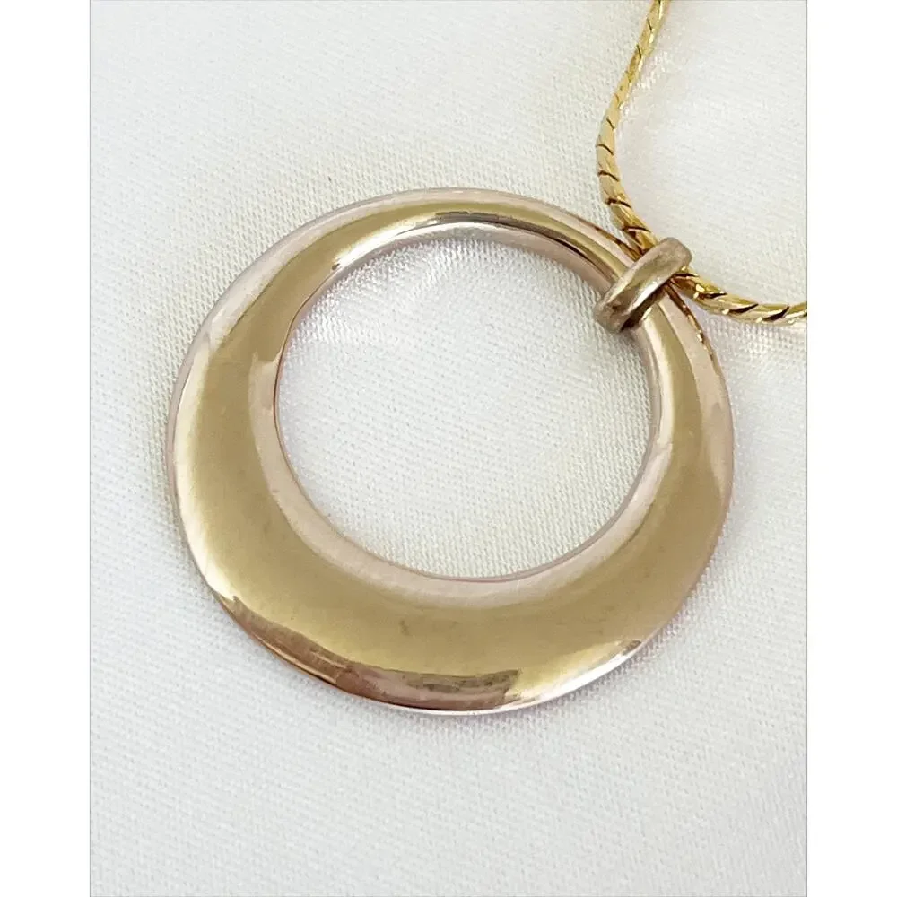 VINTAGE Rose Gold Circle Necklace w Crystal Embedded Details Herringbone Chain